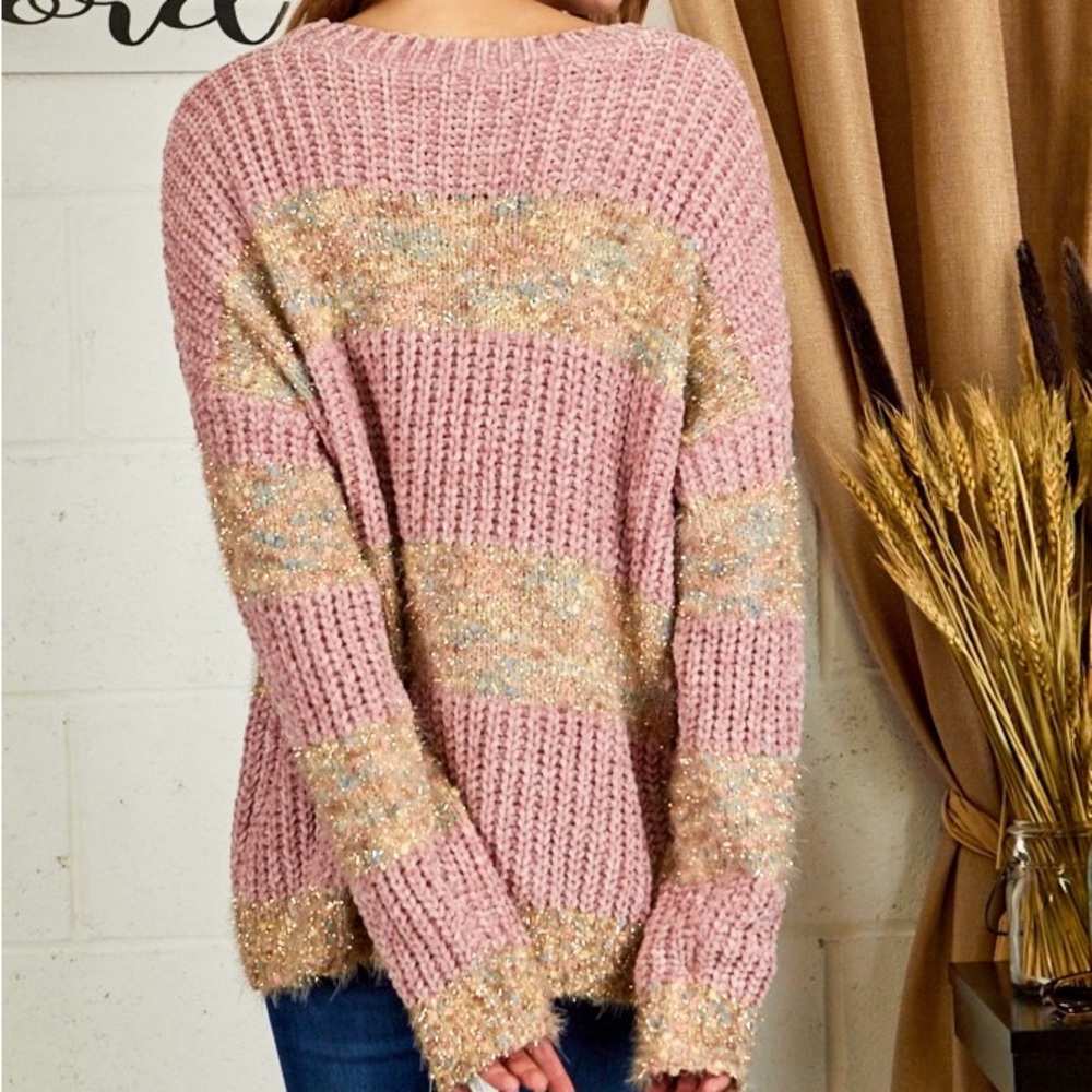 **Last One** Chenille Confetti Soft Knit Sweater, Pink & Gold Metallic Details - Picture 11 of 12